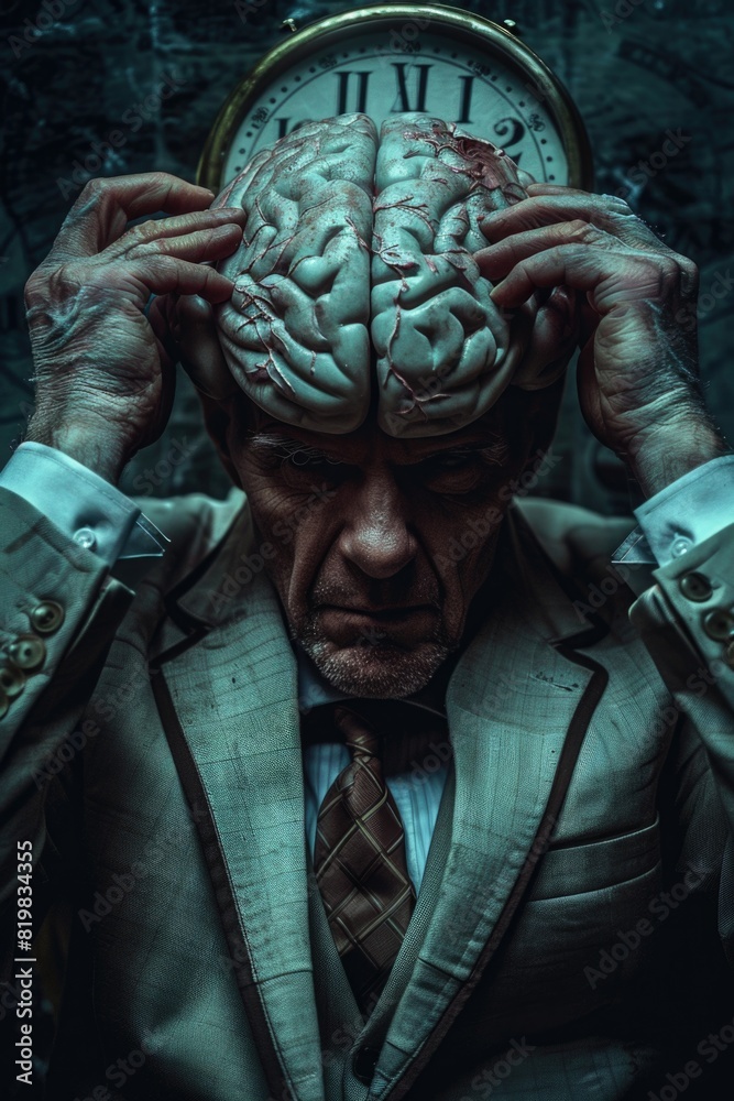 Poster a man in a suit holding his head in front of a clock. suitable for business and time management conc