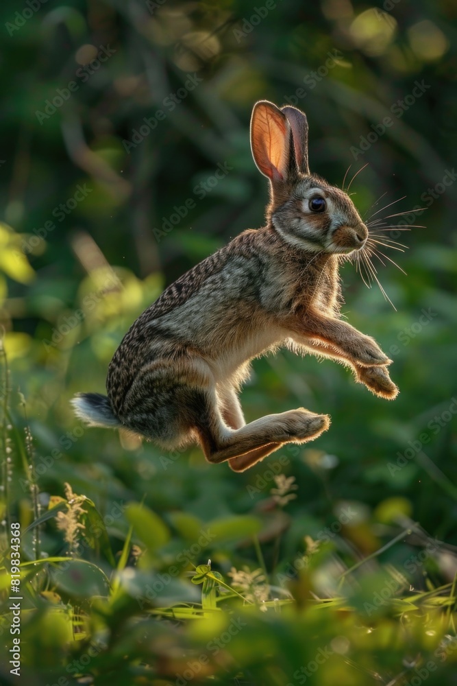 Poster a rabbit jumping in the air in a grassy field. suitable for nature and wildlife themes