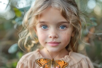 A girl with freckles and big eyes holds a butterfly gently on her finger, oozing curiosity