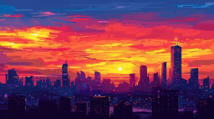 Fototapeta premium A beautiful cityscape painting in a vibrant orange and blue color scheme.