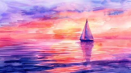 A watercolor painting of a sailboat on a calm sea at sunset. The sky is a gradient of purple, pink, and yellow, and the water is a deep blue.
