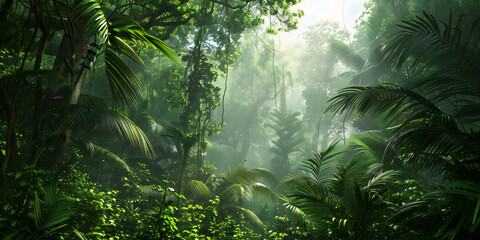 rain forest in the morning, a dense tropical rainforest, where towering trees create a lush canopy overhead. Highlight the diverse array of flora and fauna that call this vibrant ecosystem home