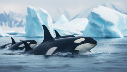 Fototapeta premium Groups of Orcas or killer whales swim and hunt for prey, the top of the food chain in a sea of ​​ice floes