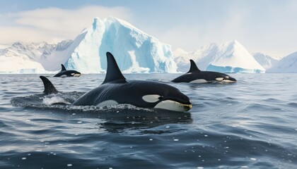 Fototapeta premium Groups of Orcas or killer whales swim and hunt for prey, the top of the food chain in a sea of ​​ice floes