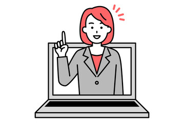 ノートパソコンの画面から飛び出すアイデアをひらめくスーツの女性