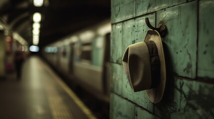 A lone brown hat hangs on a hook on a green wall in a subway station. The station is empty except for a person walking in the distance. - Powered by Adobe