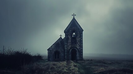 A dark and mysterious church stands alone in a field. The sky is foggy and the church is barely visible. It is spooky and mysterious.