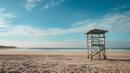 Fine sand and blue ocean water with lifeguard tower on the beach under bright blue sky with white clouds in the background