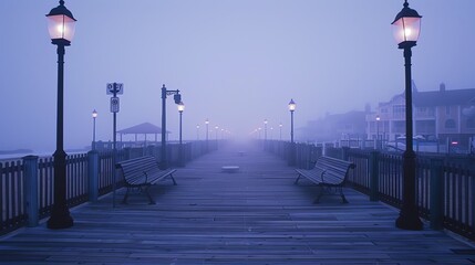 A wooden pier with benches and street lamps stretches out into the misty distance. - Powered by Adobe