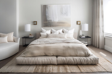 Elegant bedroom with a low platform bed, soft beige bedding, minimalist abstract art, stylish sofa set, and white chair. Textured rug and stylish lamps.