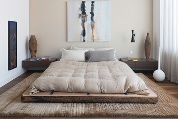 Elegant bedroom with a low platform bed, soft beige bedding, and minimalist abstract art. Textured rug and stylish lamps.