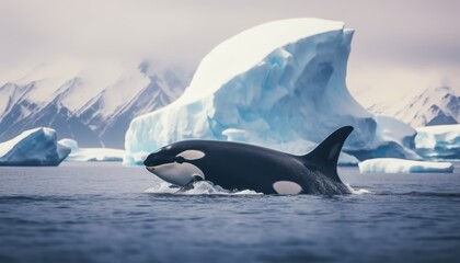 Fototapeta premium Groups of Orcas or killer whales swim and hunt for prey, the top of the food chain in a sea of ​​ice floes