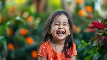 Joyful Young Girl Laughing Outdoors on a Sunny Day, Capturing the Pure Essence of Childhood Happiness and Carefree Moments in Nature, Perfect for Illustrating Youthful Energy and Positive Emotions 