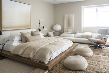 Elegant bedroom with a low platform bed, soft beige bedding, minimalist art, stylish sofa set, and white chair. Textured rug and stylish lamps.