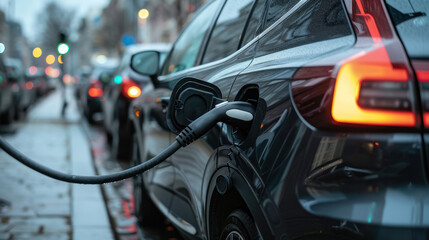 Fototapeta premium electric vehicle charging on a busy city street at dusk