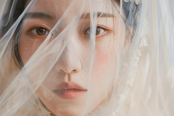 expressive close up of an asian bride veiled in mystery