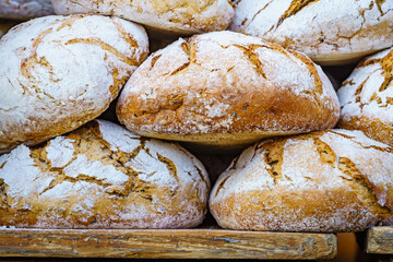Many rustic fresh bread loaves