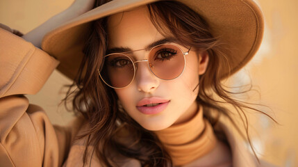 Fototapeta premium Fashionable brunette female in a beige autumn outfit, wearing chic sunglasses, posing confidently