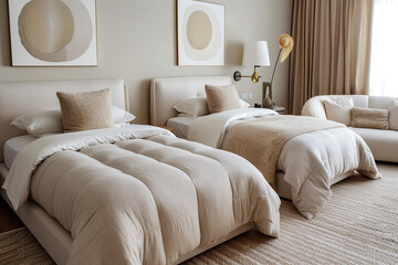 Elegant hotel room with two single beds, soft beige bedding, minimalist abstract art, stylish sofa set, and white chair. Textured rug and stylish lamps.