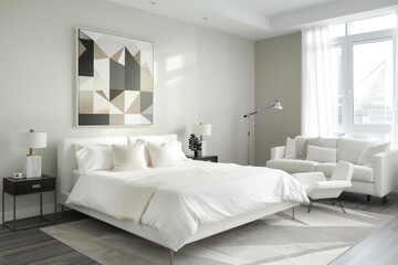 Minimalist bedroom with a modern bed, white linens, geometric painting, sleek sofa set, and white chair. Sleek bedside tables and lamps.