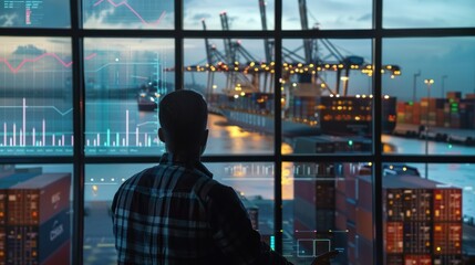 An engineer analyzing data and performance metrics on a wide background of a logistics port, with graphs and charts displayed on screens, illustrating data-driven decision-making 
