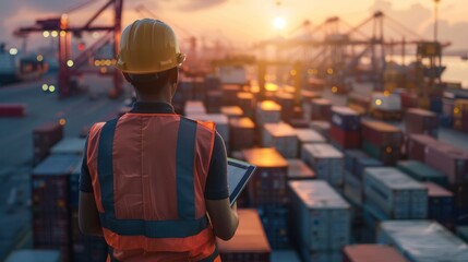 An engineer analyzing data and performance metrics to improve efficiency and reduce costs in logistics operations at a port.