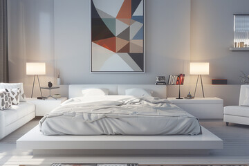 Minimalist bedroom with a low bed, white linens, geometric painting, and a sleek sofa set. Sleek bedside tables, lamps, and a white chair.