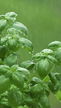 Vertical video of Green basil herb in rainy weather nature