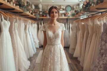 Naklejka premium Elegant woman's wedding dress in the clothing store Super photo realistic background, illustration