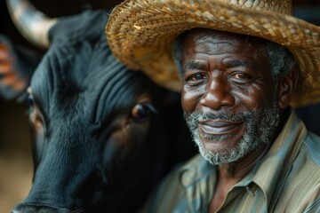 Elderly African man wearing a straw hat smiling next to a cow in a stable setup