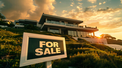 Modern Luxury House: For Sale Sign, sunset real estate mortgage loan