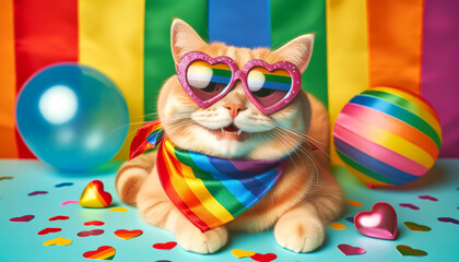 Obraz premium Celebrate pride with this adorable cat wearing heart-shaped sunglasses and a rainbow bandana. Perfect for LGBTQ+ events and pet lovers