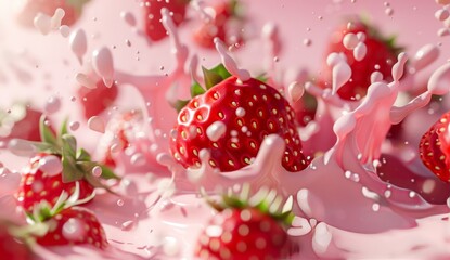 Topping fruit strawberry strawberries splashing dropping onto milk melted gelato yoghurt ice cream with droplet splash on pink background.	