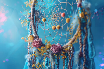 colorful bohemian dreamcatcher decorated with flowers and feathers against a bright blue background
