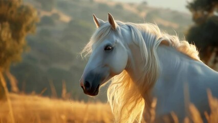 A white horse with a long mane and tail is standing in a field of tall grass. The horse's eyes are open and it is looking at the camera. The scene is peaceful and serene - Powered by Adobe