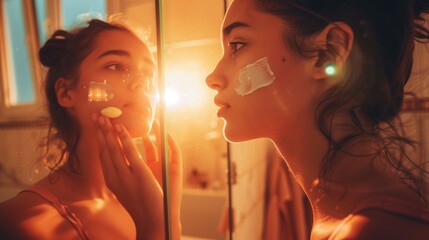 Young teenage girl making her skincare morning routine in bathroom. Generative ai.