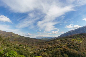 View of valley of the Madonie Nature Park on a sunny day, Isnello, Sicily, Italy