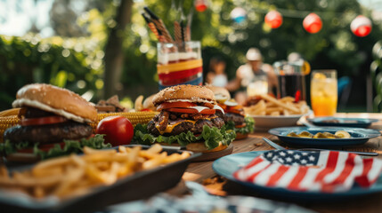 outdoor dining scene with burgers, fries, and drinks at a family garden party