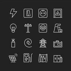 Electricity icon set, white on black background. Infrastructure, supply systems, power lines industry. Customizable line thickness.
