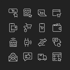 E-commerce icons, white lines on black background. Online shopping, payments, e-stores, money transfers. Safety and quality. Customizable line thickness.