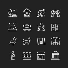 Park icons, white on black background. Public spaces for recreation, sports, culture, leisure. Facilities like seating, cycling, etc. Customizable line thickness