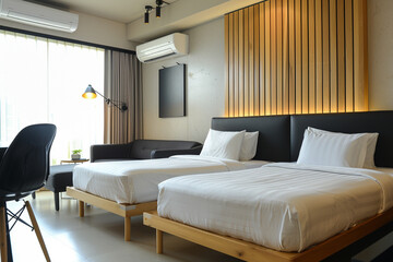 Modern hotel room, two single beds, minimalist decor, sleek sofa set, black chair. Stylish and cozy.