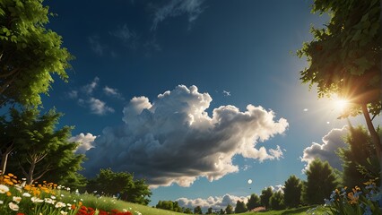 Fototapeta premium A green garden in summer with warm colors and the sun shining in the blue sky and white clouds