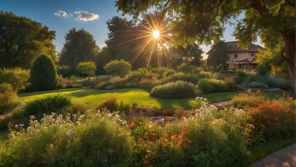 Obraz premium A green garden in summer with warm colors and the sun shining in the blue sky and white clouds