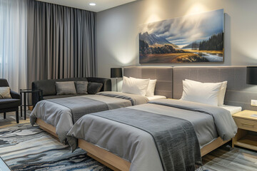 Modern hotel room with two single beds, gray bedding, landscape painting, comfortable sofa set, and black chair. Textured rug and elegant bedside tables.