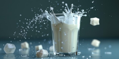 Ice cubes splashing dropping onto glass of milk milkshake yoghurt smoothie protein shake with liquid droplet splash on dark gradient background.