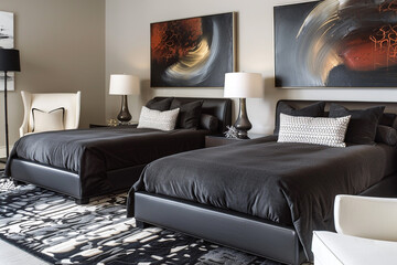 Modern hotel room with two single beds, dark gray bedding, bold abstract painting, luxurious sofa set, and white chair. Luxurious rug and sleek lamps.