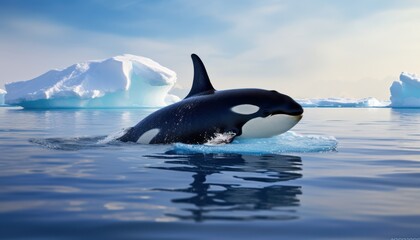 Groups of Orcas or killer whales swim and hunt for prey, the top of the food chain in a sea of ​​ice floes