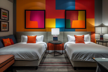 Modern hotel room, two single beds, vibrant wall art, comfortable sofa set, sleek table, and contemporary lamp. Contemporary design.