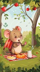 Cute Mouse Enjoying a Picnic BBQ in Nature, Seamless Pattern Background for Print or Web